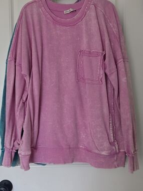 Zenana Pink Washed Pocket Crewneck Sweater